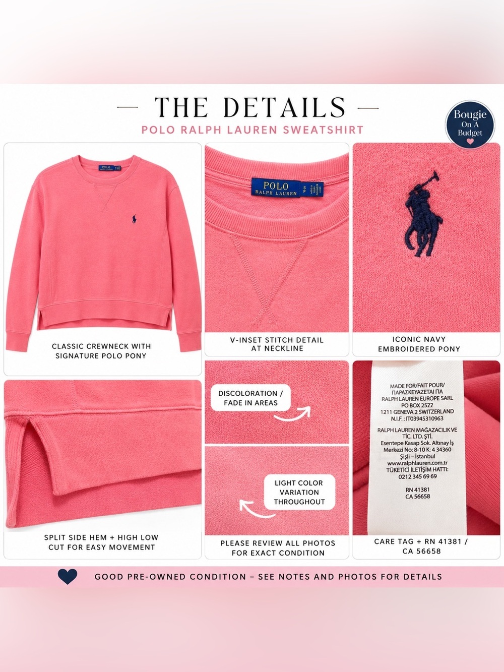 Polo Ralph Lauren Pink French Terry Sweatshirt Pony Logo Hi Low Hem SP (CKB074) - Picture 4 of 16